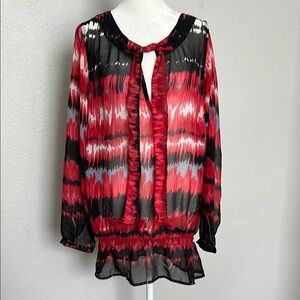 Gina Benotti Red Print Tie Neck Blouse Size Medium